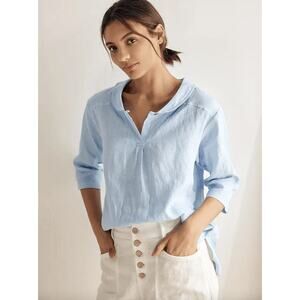 Lintico 100% Linen Shawl V-Neck Half Sleeve Top Baby Blue High Low Hem Size XS